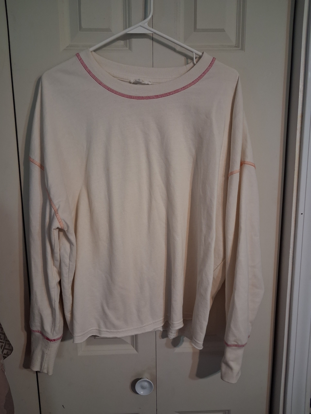 Maurices Cream Long-Sleeve Top with Pink Stitching